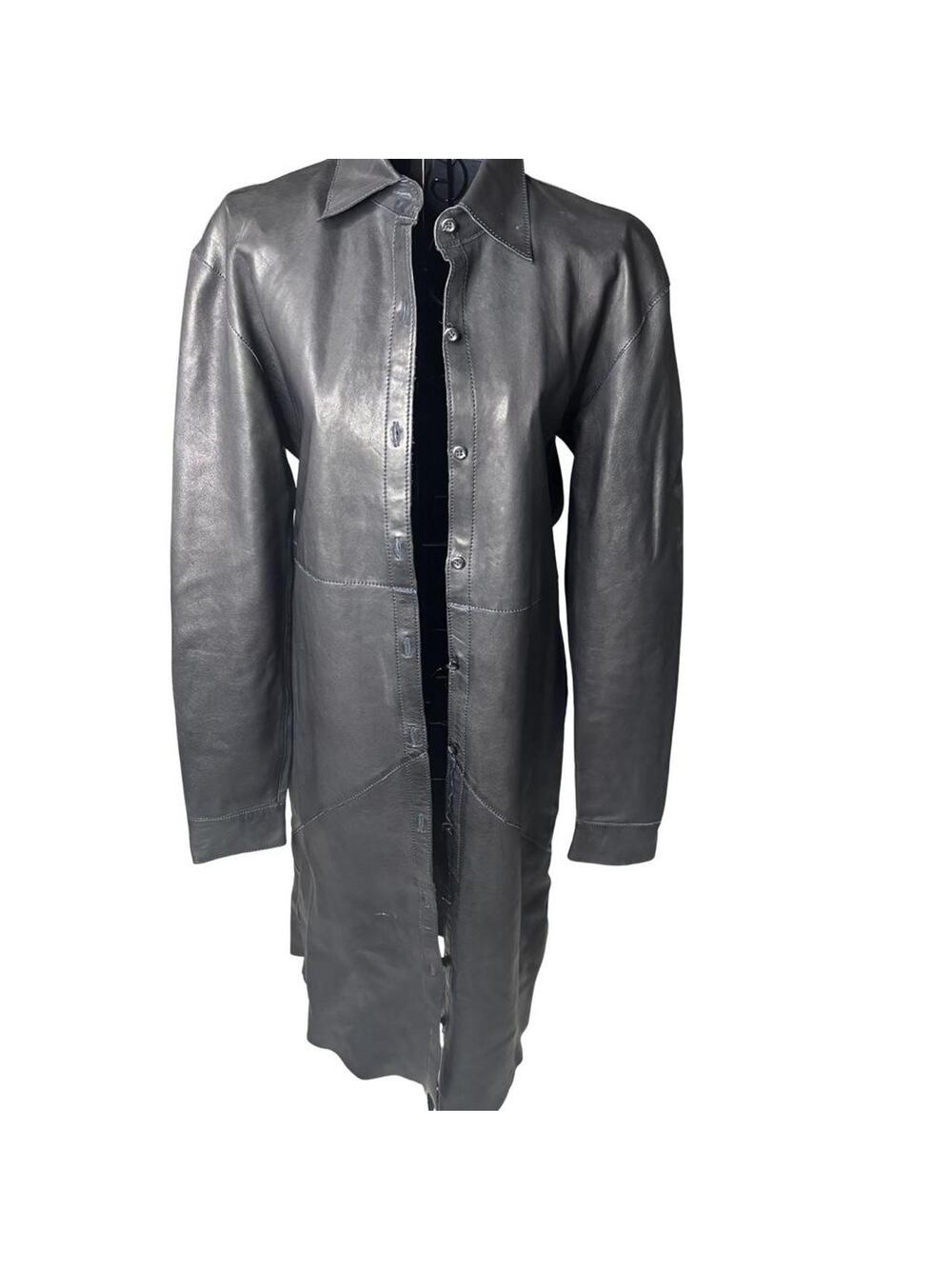 EDUN Luxury 100% Lambskin Leather Shirt Dress Duster Trench Coat Navy Black S